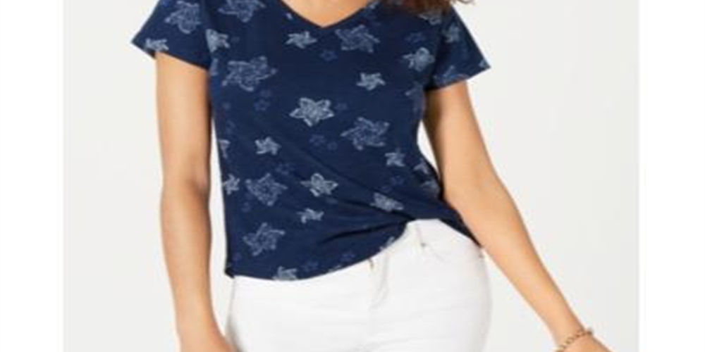 Style & Co Women's Printed V Neck T-Shirt Blue Size Petite XL