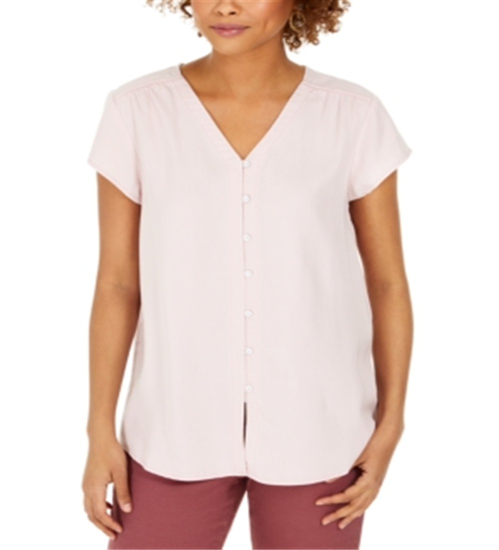 Style & Co Women's Button Down Flutter Sleeve Top Pink Size Large