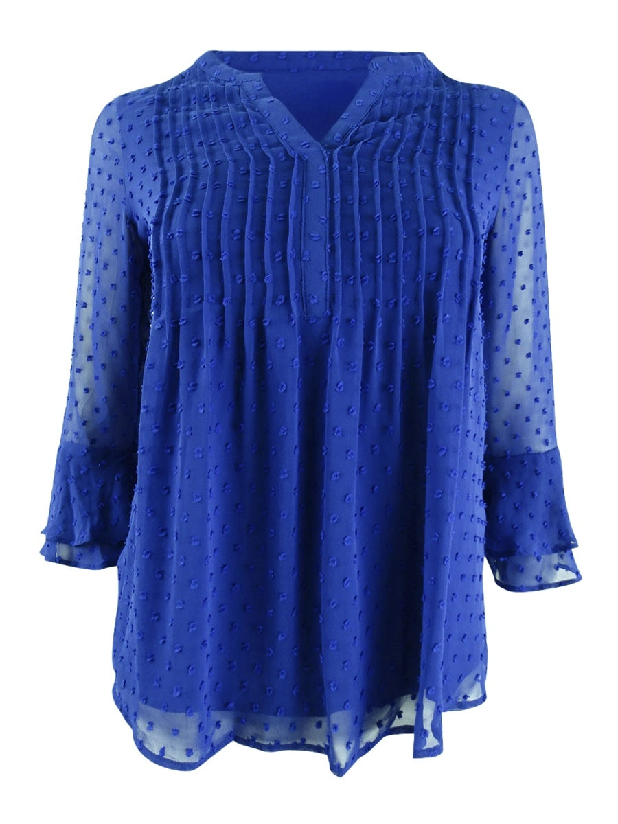 Charter Club Women's Double Ruffle Textured Pintuck Top Blue Size Petite Large