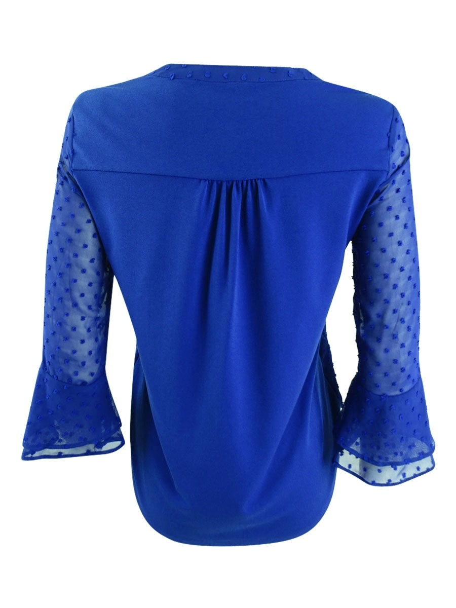 Charter Club Women's Double Ruffle Textured Pintuck Top Blue Size Petite Large