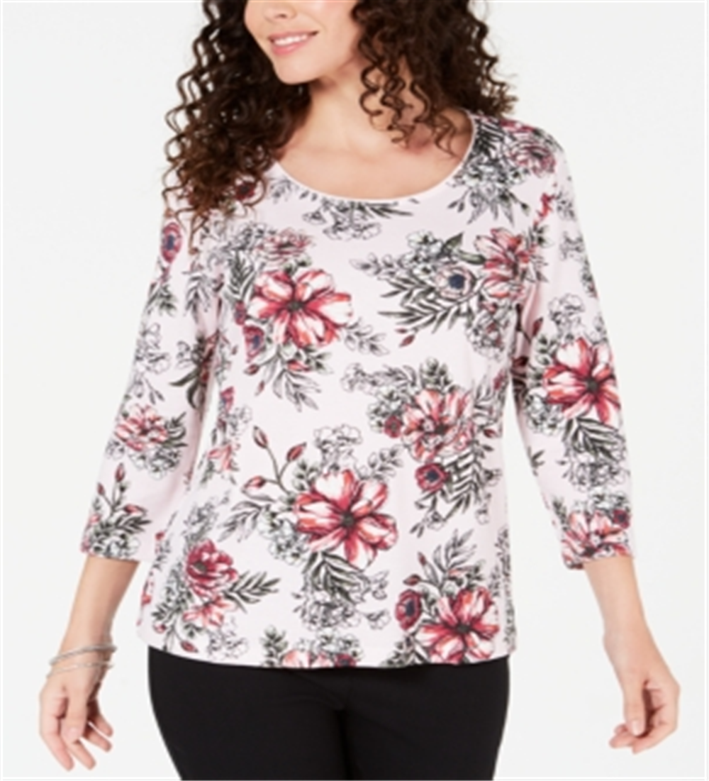 Karen Scott Women's Printed Scoop Neck Top Pink Floral Size Petite XL