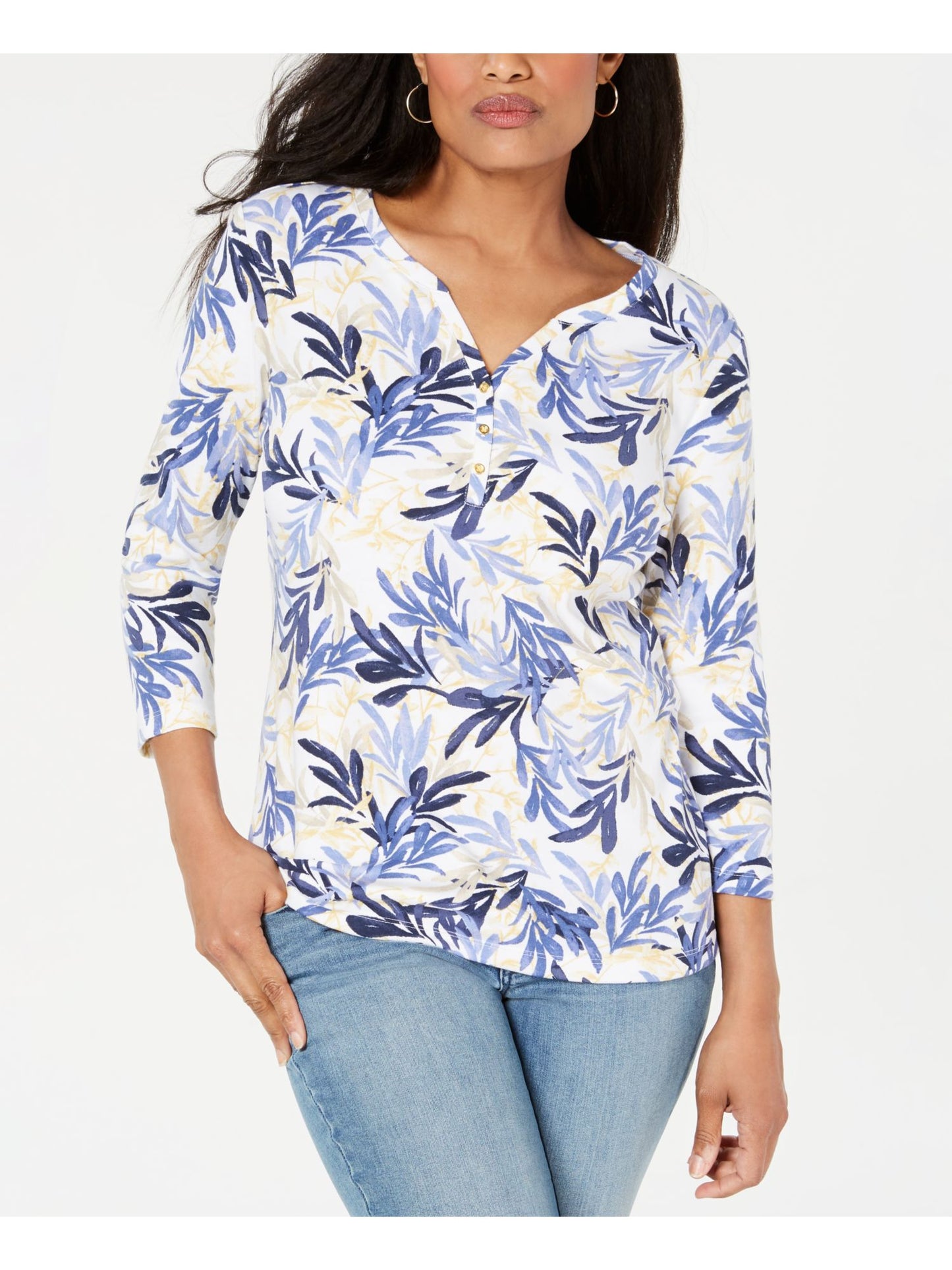 Karen Scott Women's Printed Henley Shirt Blue Size Petite
