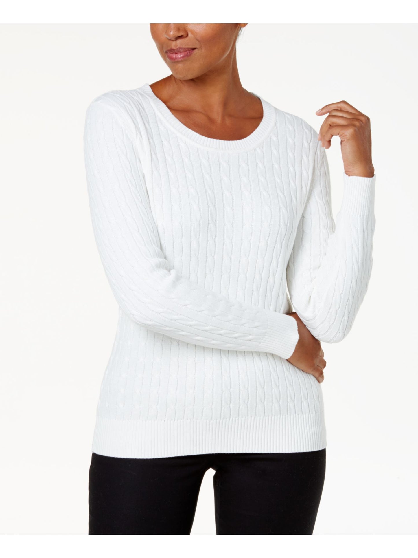 Karen Scott Women's Stretch Cable Knit Long Sleeve Crew Neck Sweater White Size Petite Small