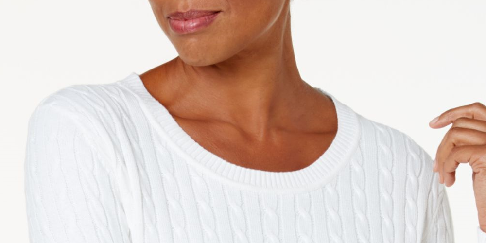 Karen Scott Women's Stretch Cable Knit Long Sleeve Crew Neck Sweater White Size Petite Small