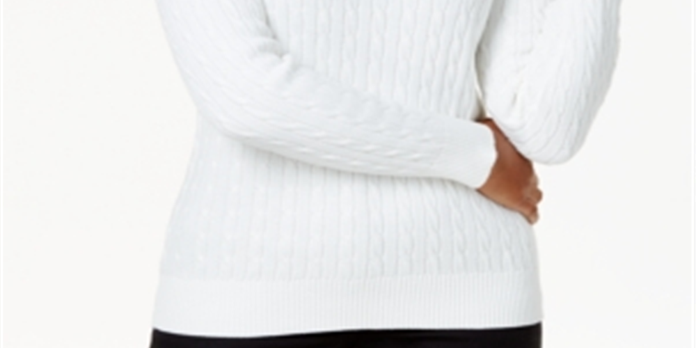Karen Scott Women's Stretch Cable Knit Long Sleeve Crew Neck Sweater White Size Petite Small