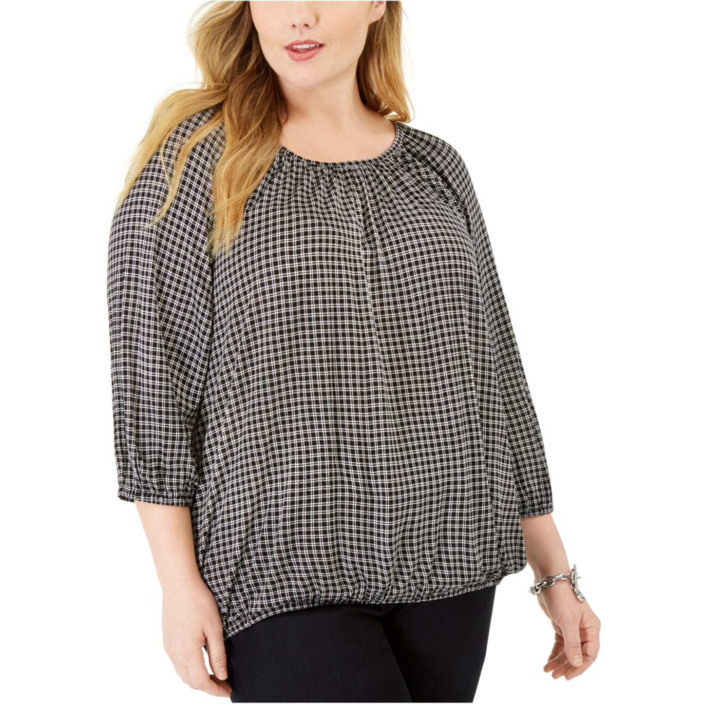 Michael Kors Women's Plus Micro Check Peasant Top Black Size 3X
