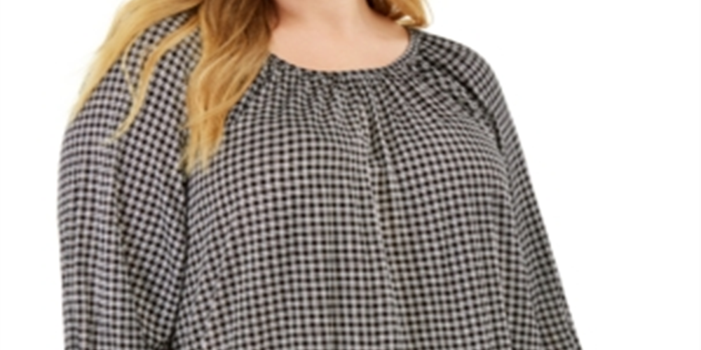 Michael Kors Women's Plus Micro Check Peasant Top Black Size 3X