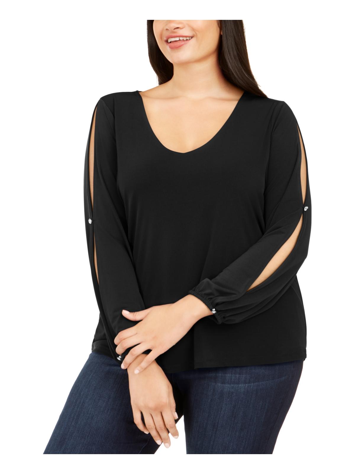 INC International Concepts Women's Plus Beaded Slit Sleeve Top Black Size 0X