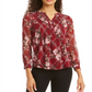 Charter Club Women's Mixed Print Split Neck Top Cranberry Size Petite S/M