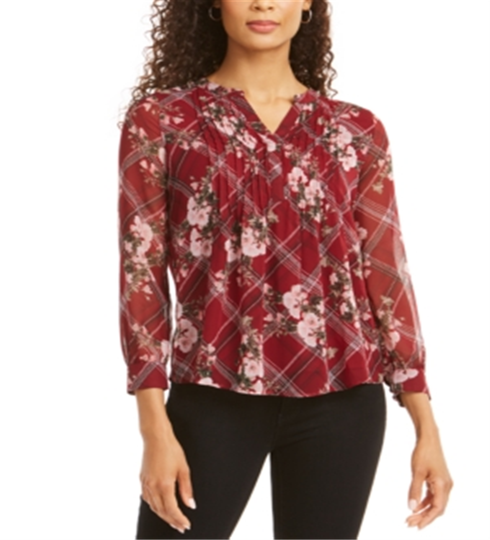 Charter Club Women's Mixed Print Split Neck Top Cranberry Size Petite S/M