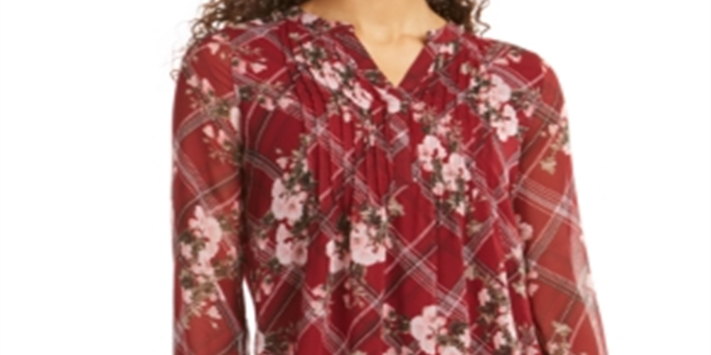 Charter Club Women's Mixed Print Split Neck Top Cranberry Size Petite S/M