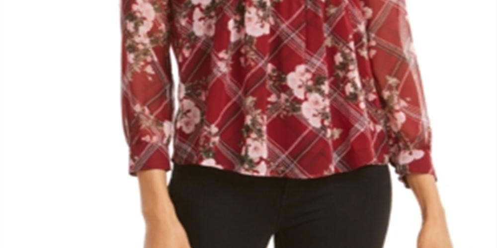 Charter Club Women's Mixed Print Split Neck Top Cranberry Size Petite S/M