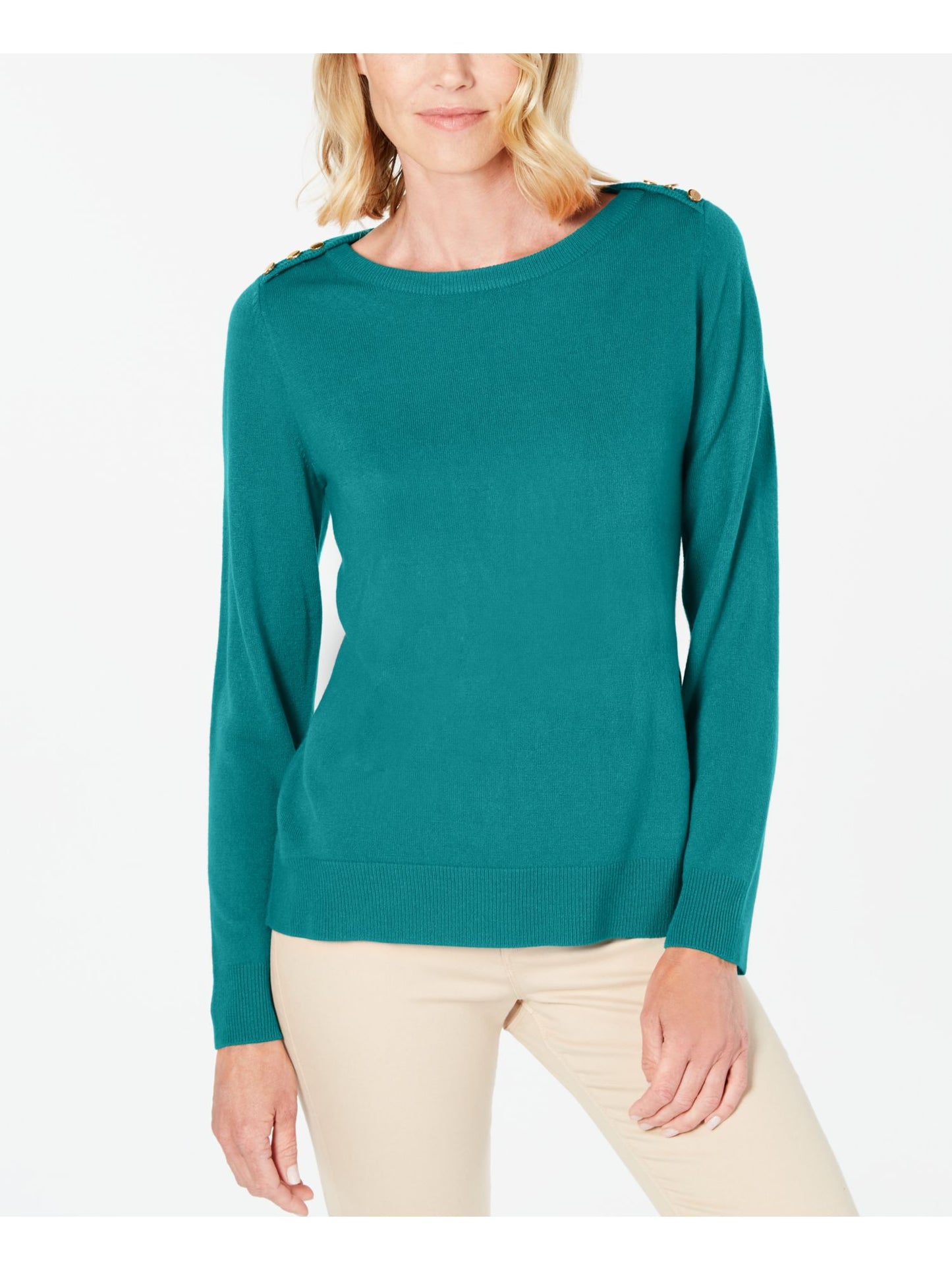 Karen Scott Women's Solid Long Sleeve Crew Neck Top Ocean Green Size Medium
