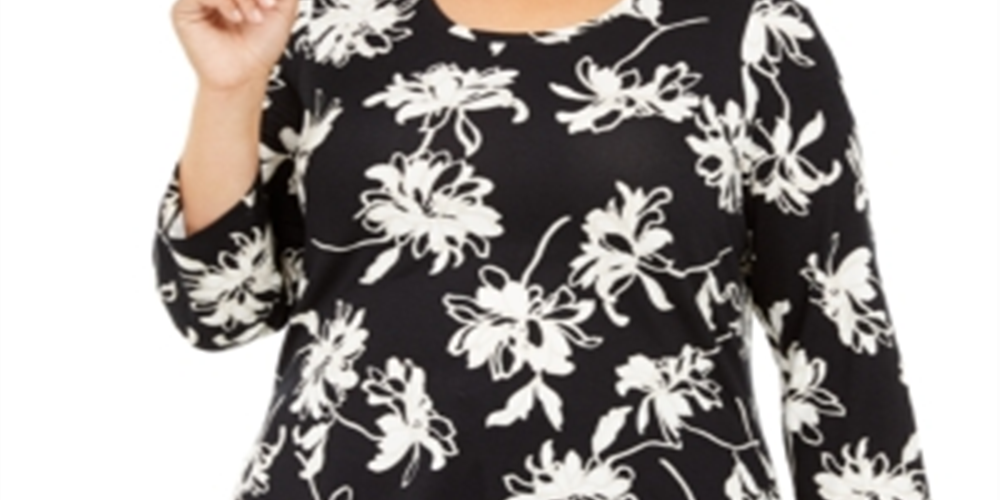 JM Collection Women's Plus Scoop Neck Printed Top Black Size Petite XL