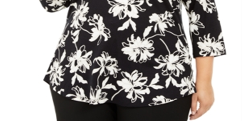 JM Collection Women's Plus Scoop Neck Printed Top Black Size Petite XL