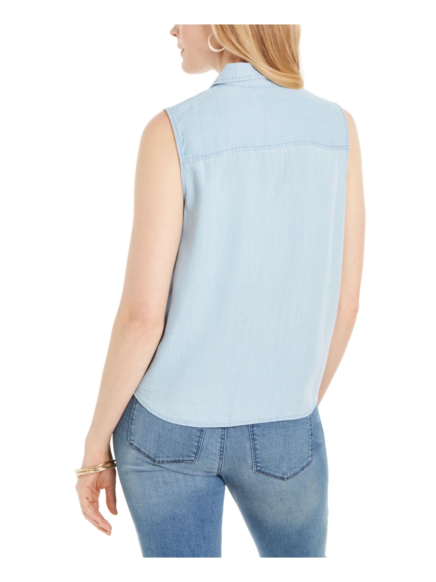 Charter Club Women's Tie hem Sleeveless Point Collar Light Blue Top Size 16