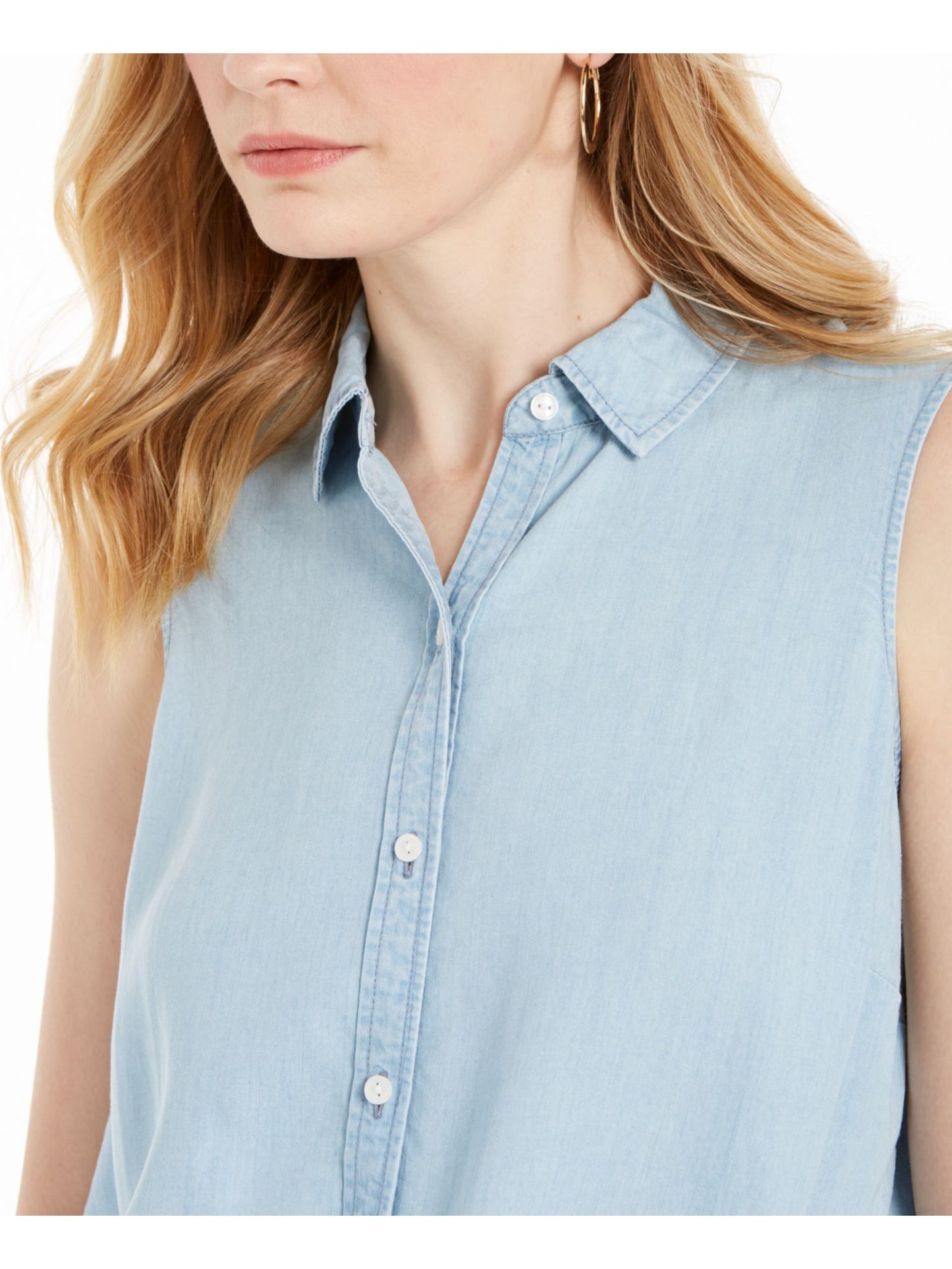 Charter Club Women's Tie hem Sleeveless Point Collar Light Blue Top Size 16