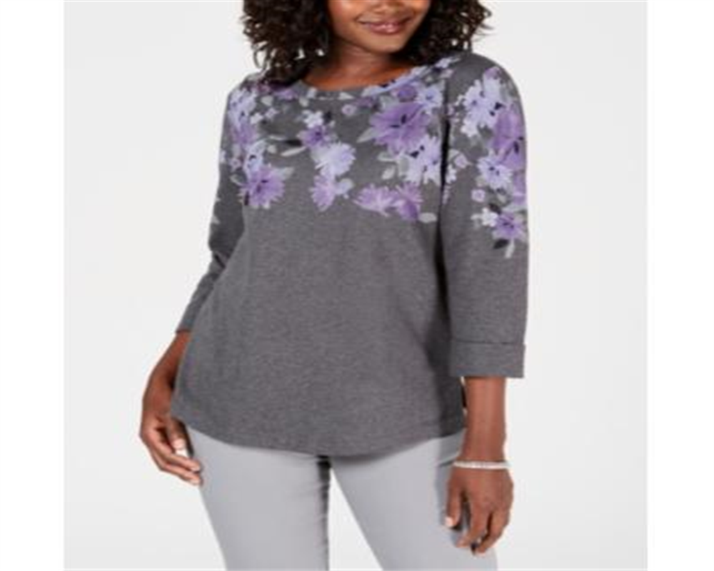 Karen Scott Women's Sport Floral Graphic Sweatshirt Gray Size M