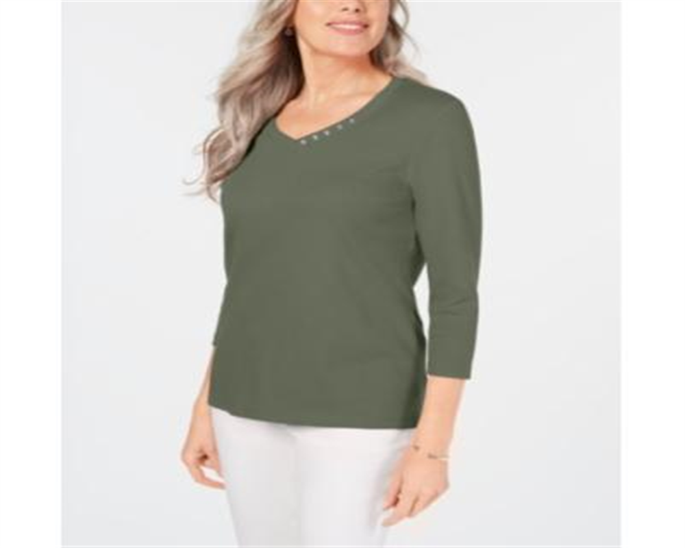 Karen Scott Women's Cotton V Neck Button Trim Top Green Size Large