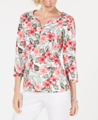 Karen Scott Women's Floral Print 3/4 Sleeve Top Orange Size Small