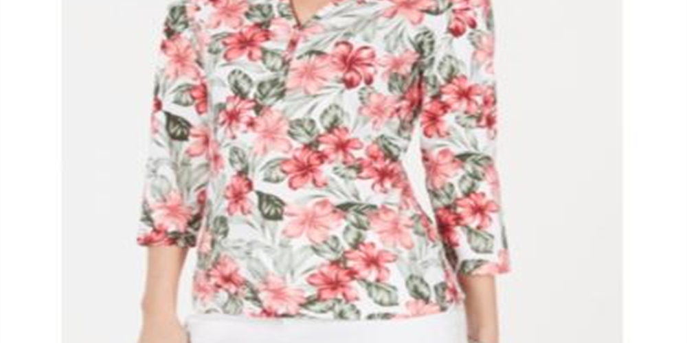 Karen Scott Women's Floral Print 3/4 Sleeve Top Orange Size Small