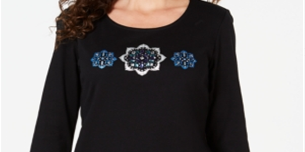 Karen Scott Women's Rhinestone Embellished Cotton Top Black Size Petite L