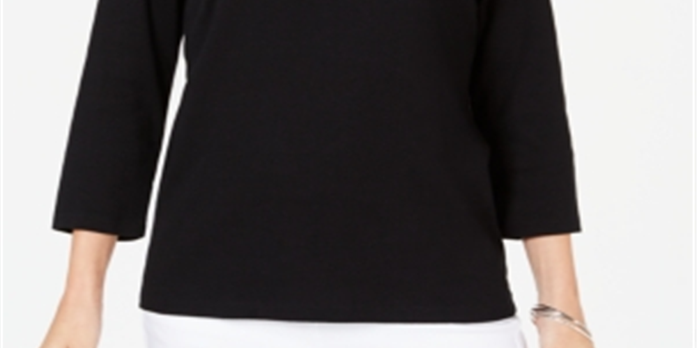 Karen Scott Women's Rhinestone Embellished Cotton Top Black Size Petite L