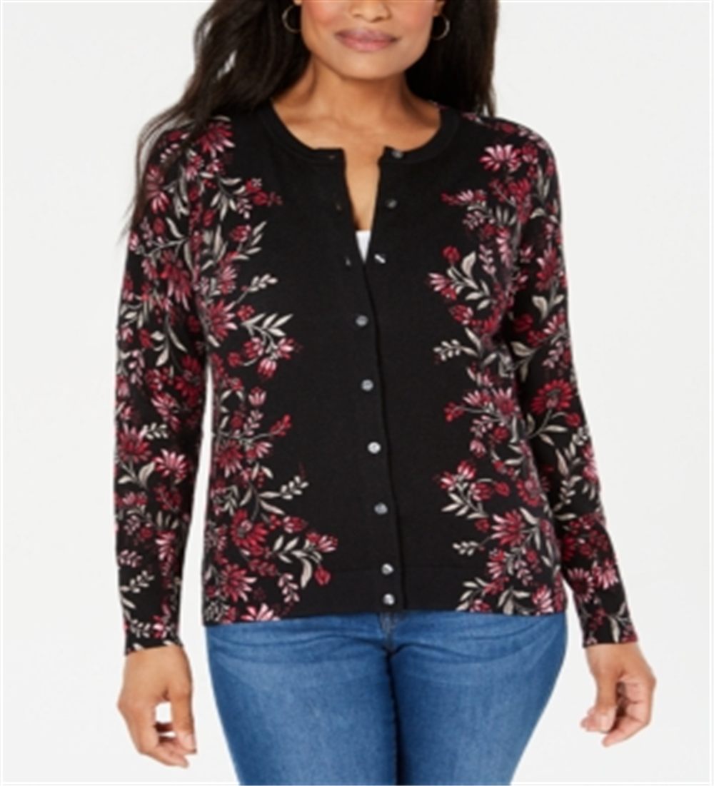 Karen Scott Women's Tapestry Print Cardigan Purple Floral Size Petite S