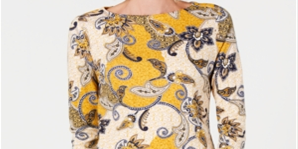 Charter Club Women's Pima Cotton Button Shoulder Print Top Yellow Size Petite Small