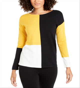 Alfani Women's Drop Shoulder Colorblocked Top Mustard Size Petite S/M