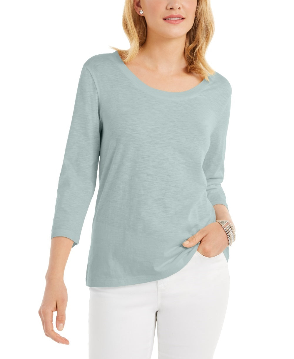 Style & Co Women's 3/4 Sleeve Scoop Neck Top Blue Size Small