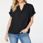 Charter Club Women's Split Neck Short Sleeve Top Black Size Petite S/M