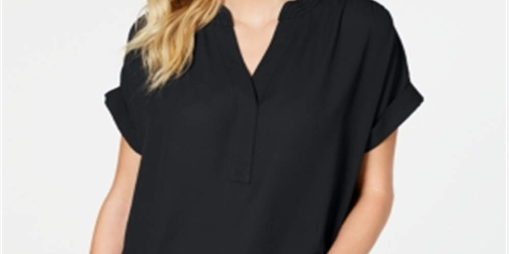 Charter Club Women's Split Neck Short Sleeve Top Black Size Petite S/M