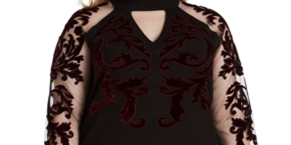 INC International Concepts Women's Velvet Flocked Mesh Sleeve Sweater Black Size 1X