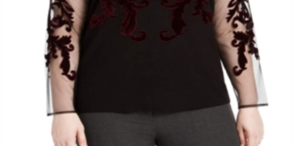 INC International Concepts Women's Velvet Flocked Mesh Sleeve Sweater Black Size 1X