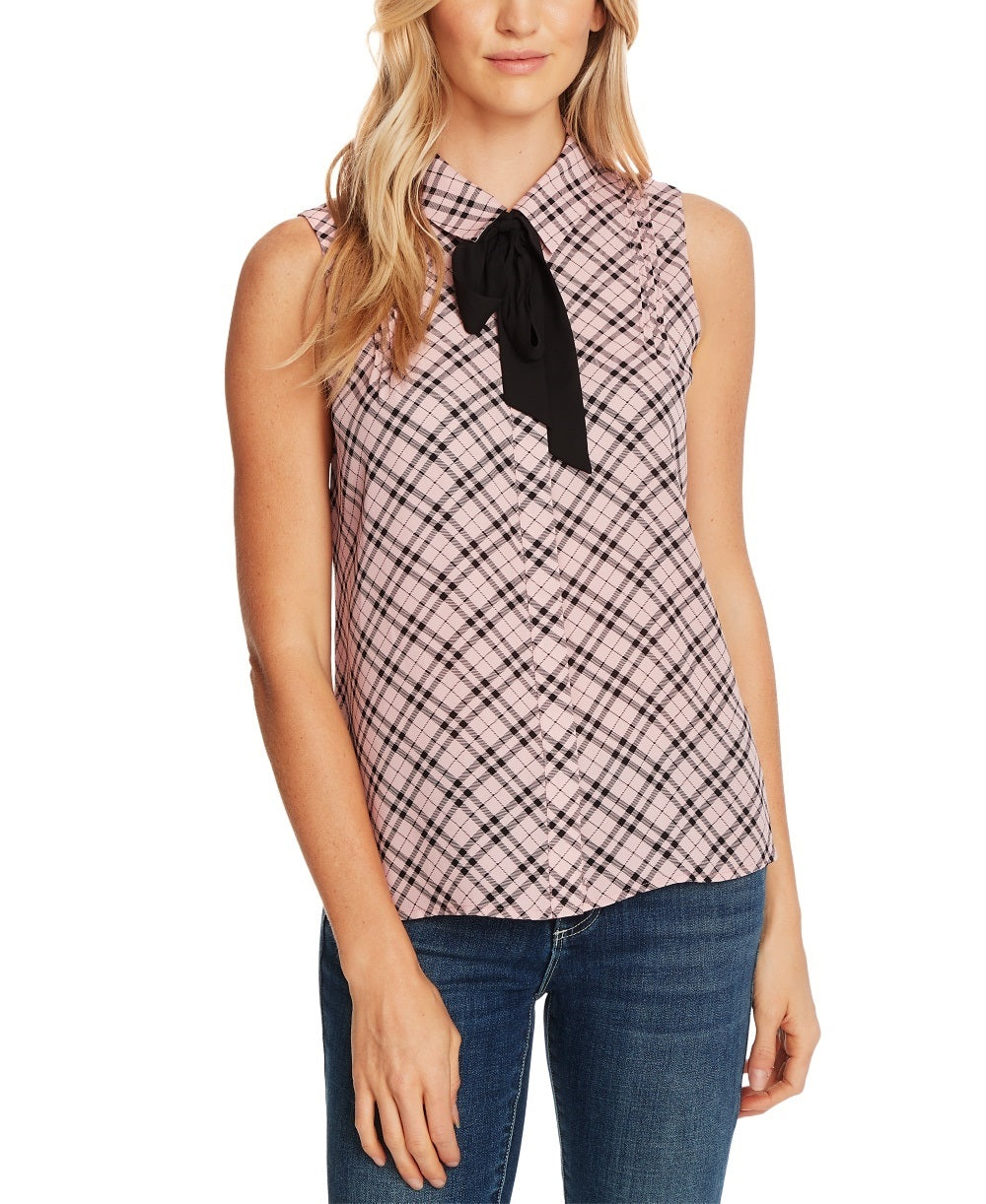 CeCe Women's Plaid Pintuck Tie Neck Sleeveless Blouse Pink Size X-Small