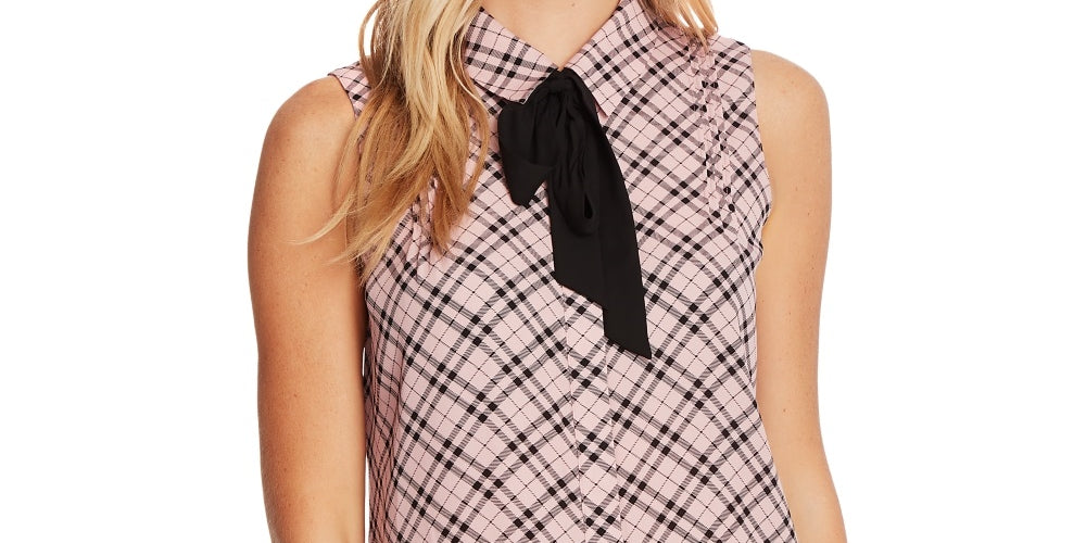 CeCe Women's Plaid Pintuck Tie Neck Sleeveless Blouse Pink Size X-Small