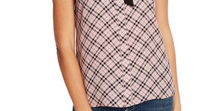 CeCe Women's Plaid Pintuck Tie Neck Sleeveless Blouse Pink Size X-Small