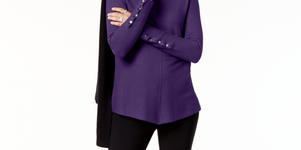 Alfani Women's Ribbed Snap Detail Sweater Purple Size Large