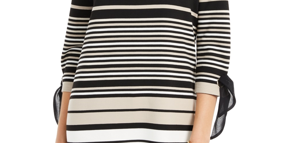 Charter Club Women's Striped Tie Sleeve Top Black Size PM