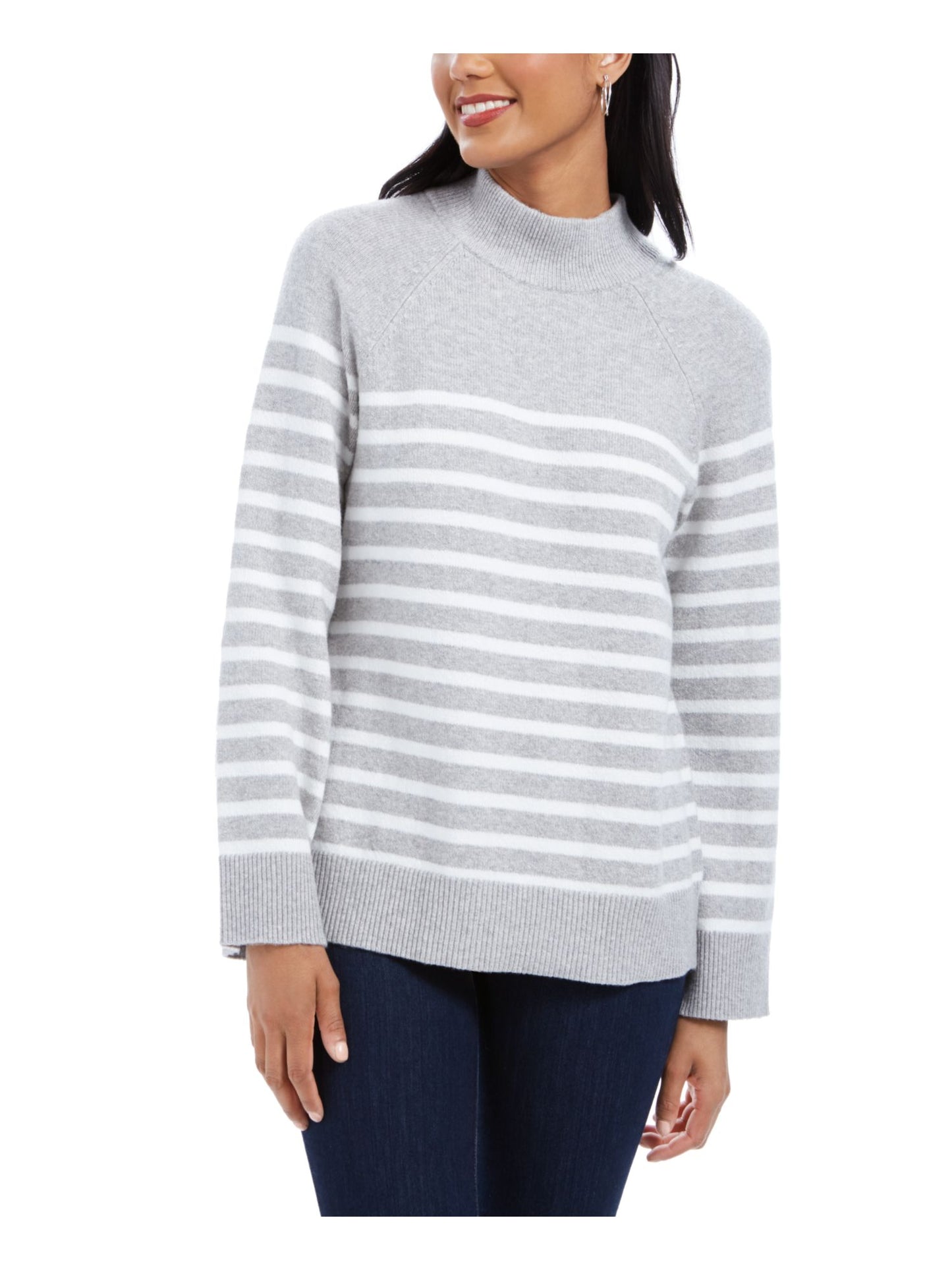 Charter Club Women's Striped Long Sleeve Mock Sweater Gray Size Petite Small