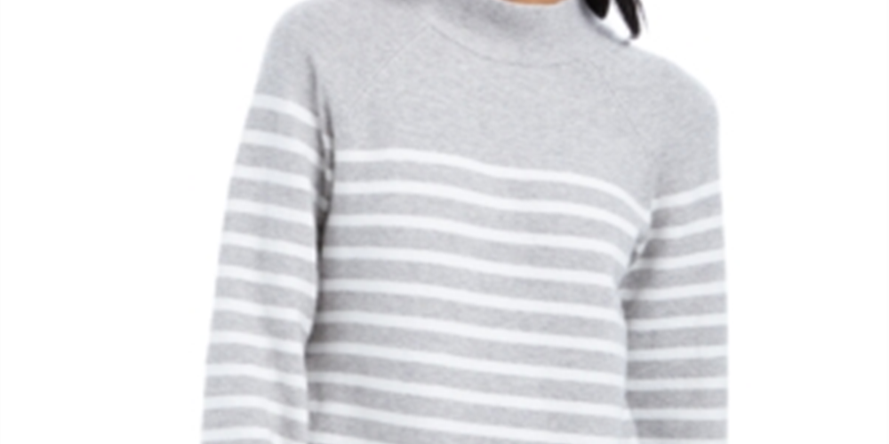 Charter Club Women's Striped Long Sleeve Mock Sweater Gray Size Petite Small