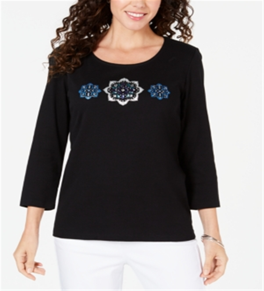 Karen Scott Women's Rhinestone Embellished Cotton Top Black Size Petite S/M
