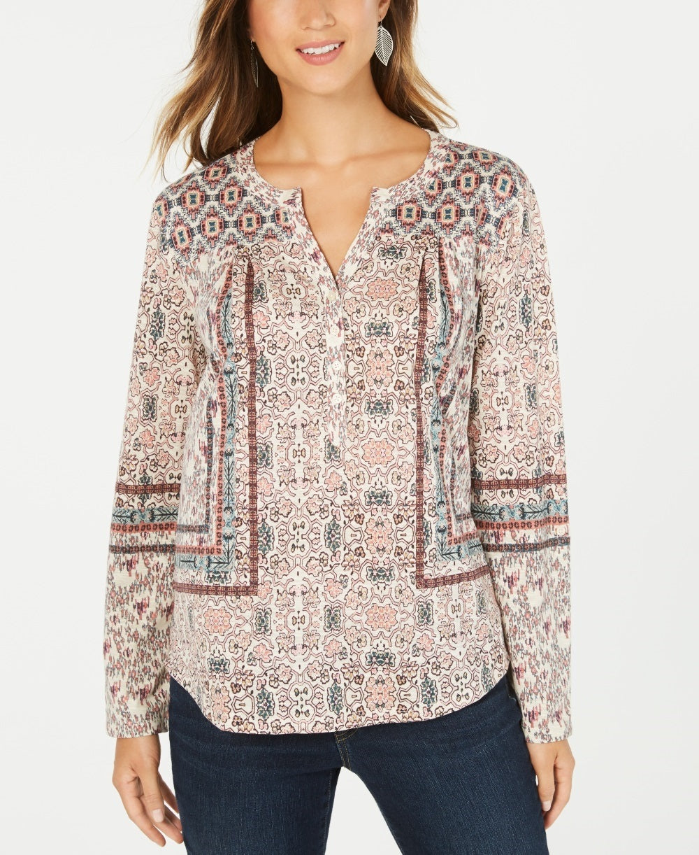 Style & Co Women's Boho Printed Henley Top Beige Size Small
