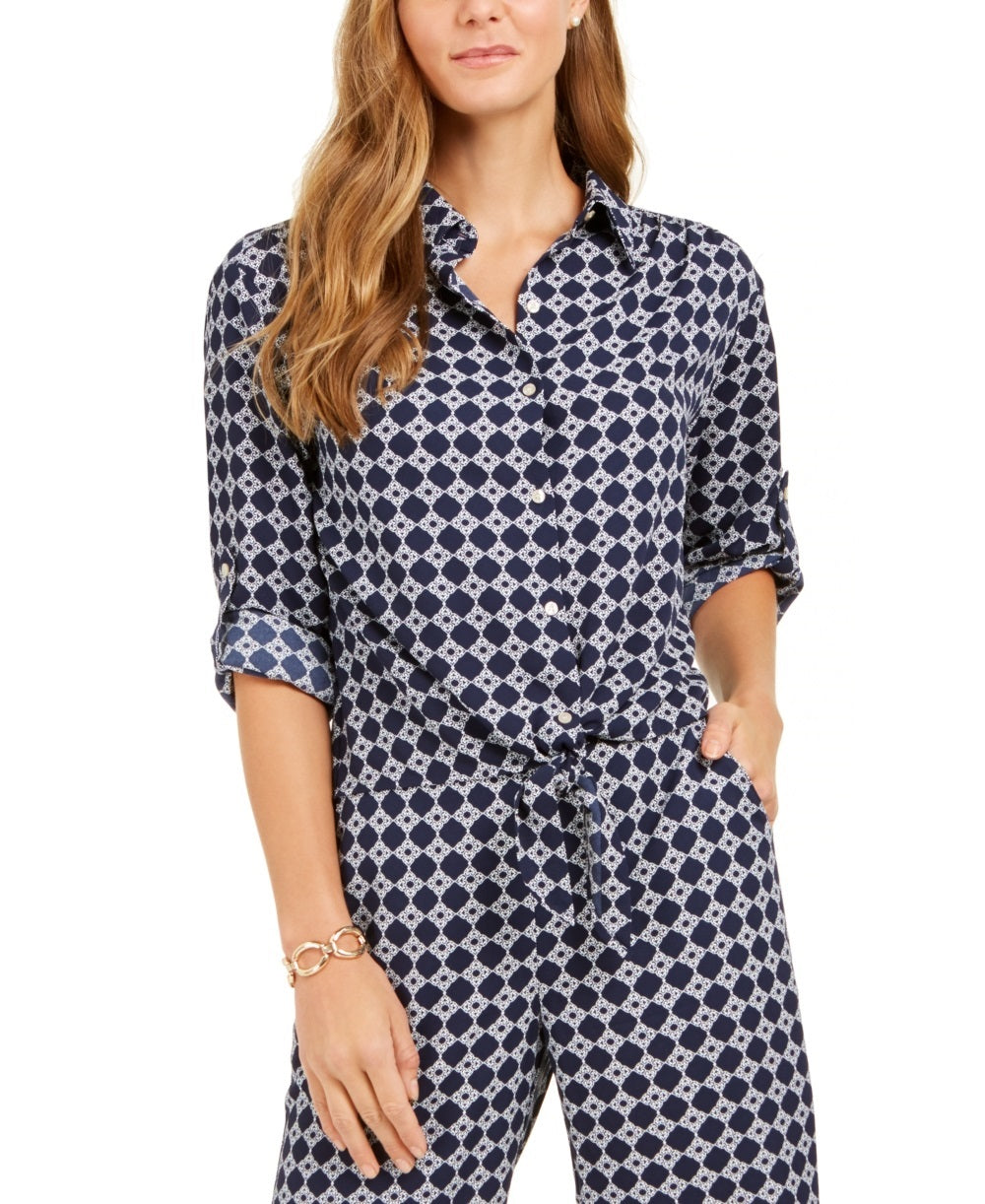 Charter Club Women's Printed Tie Front Woven Top Blue Size Large