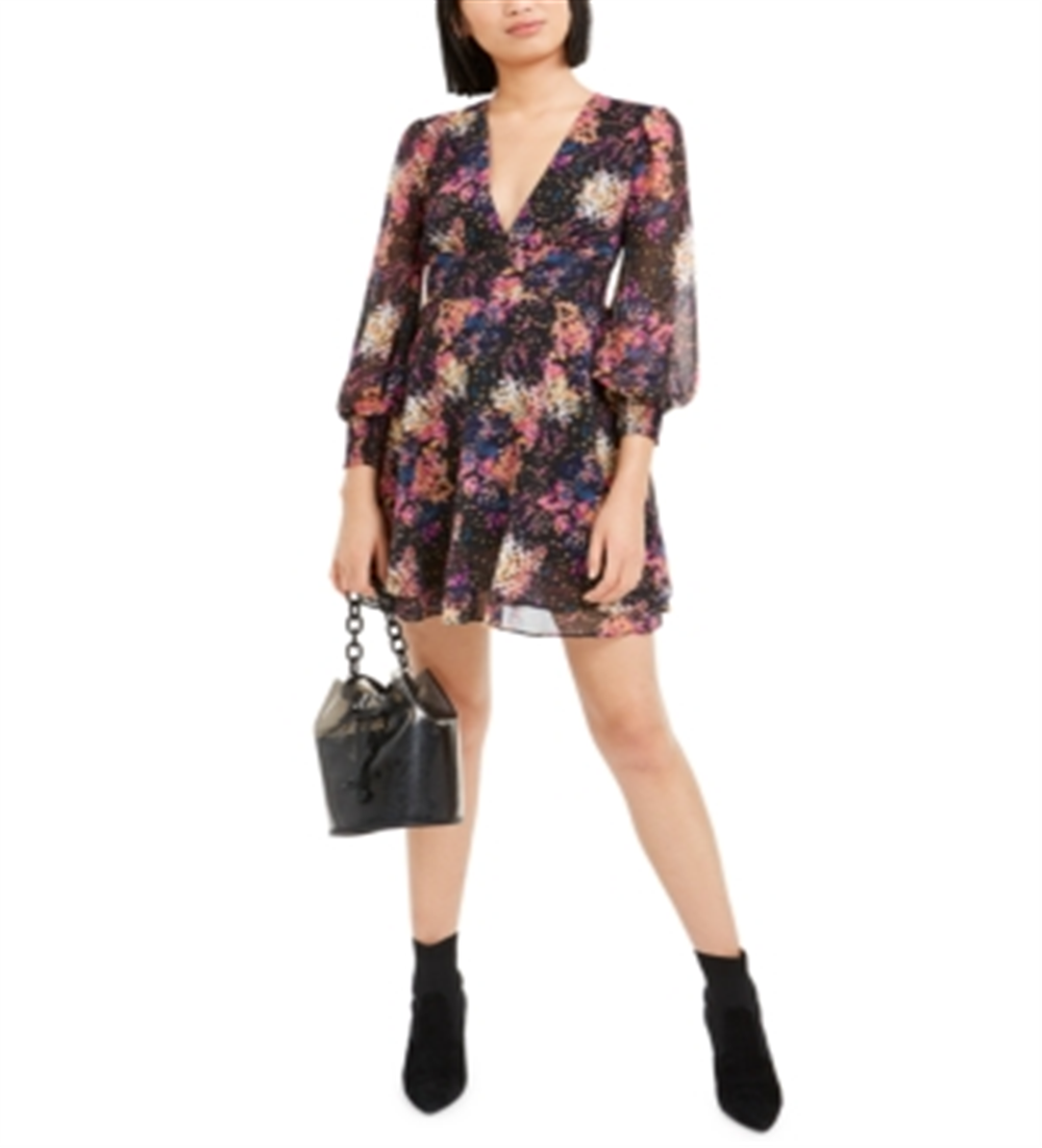 Bar III Women's Confetti Printed Blouson Sleeve Dress Navy Multi  Size 2XS