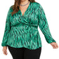 INC International Concepts Women's Plus Animal Print V Neck Wrap Top Green Size 0X
