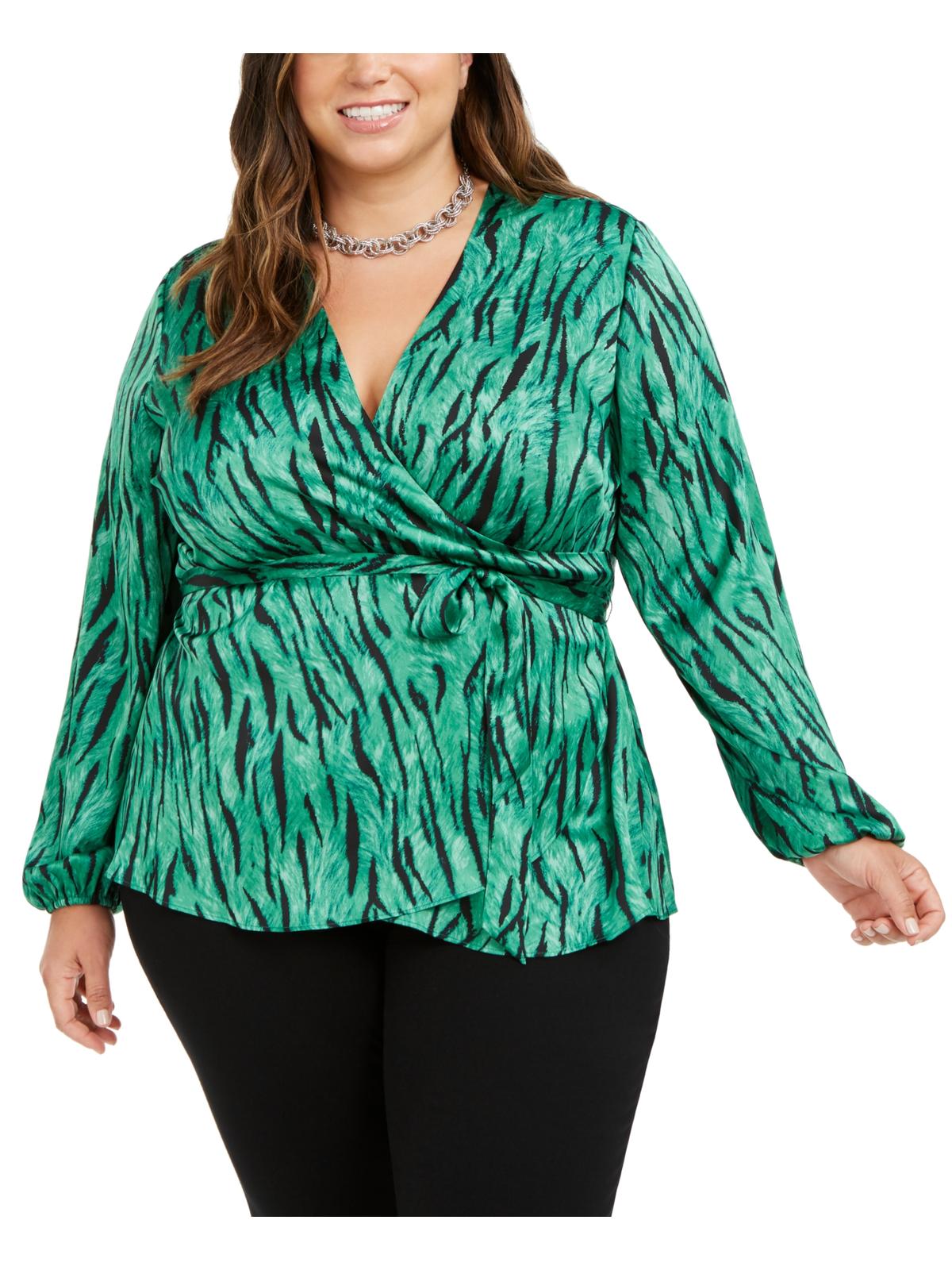 INC International Concepts Women's Plus Animal Print V Neck Wrap Top Green Size 0X