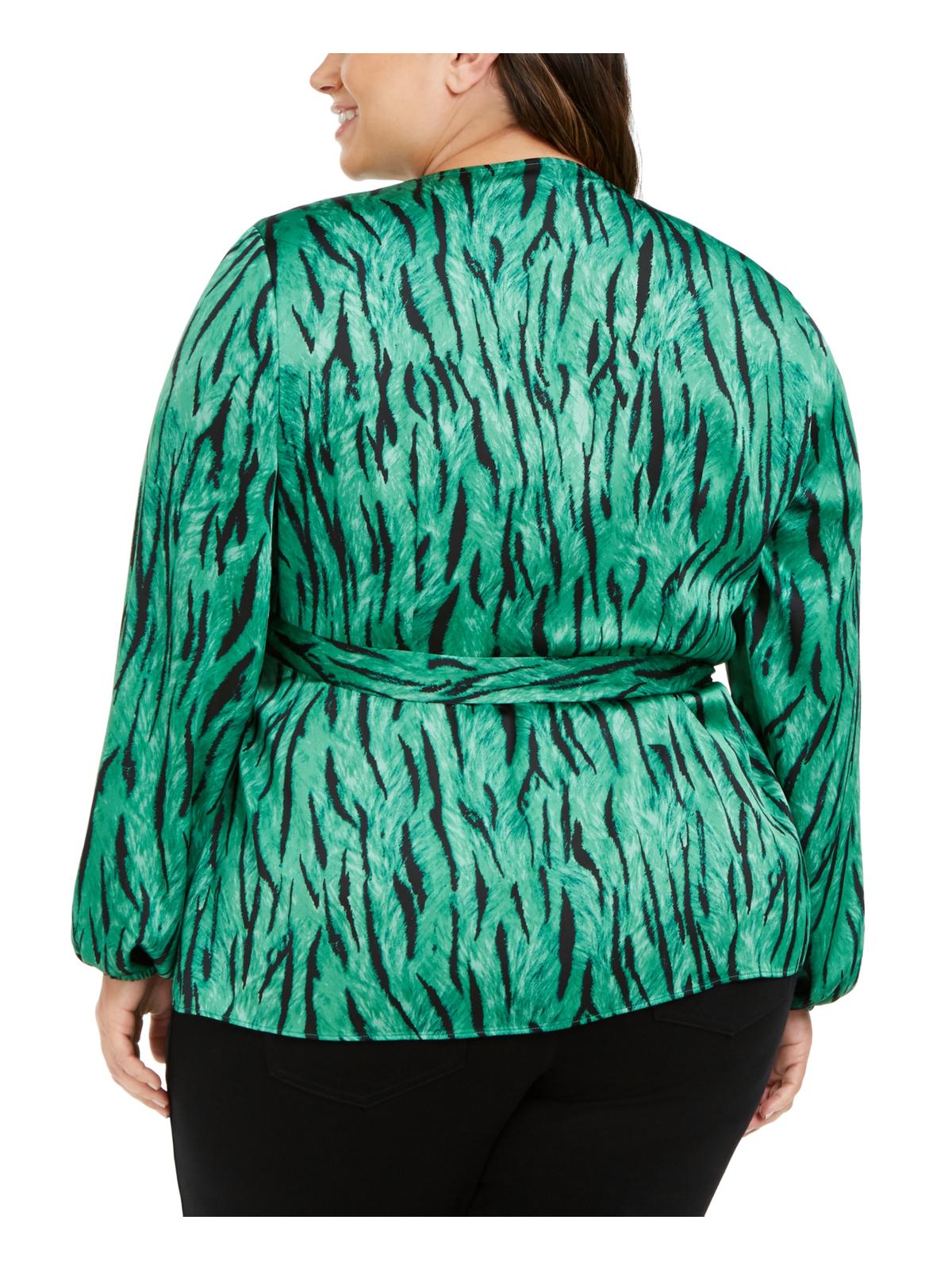 INC International Concepts Women's Plus Animal Print V Neck Wrap Top Green Size 0X