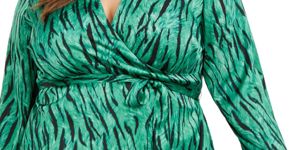 INC International Concepts Women's Plus Animal Print V Neck Wrap Top Green Size 0X